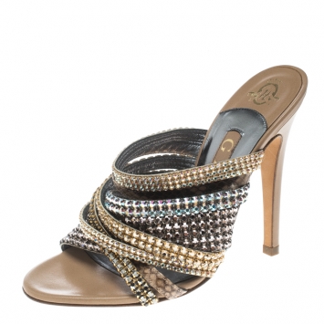 Pre Owned Gina Multicolor Crystal Embellished and Snakeskin Strappy Sandals Size 36.5