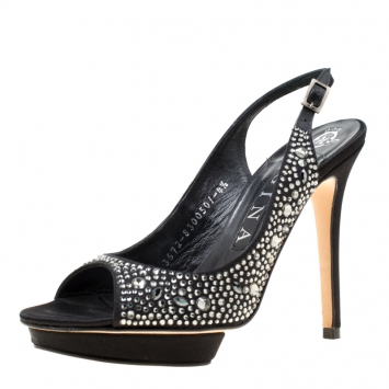 Pre Owned Gina Black Satin Crystal Embellished Platform Peep Toe Slingback Sandals Size 37.5