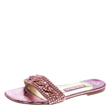 Pre Owned Gina Purple Athena Crystal Flat Sandals Size 38