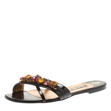 Pre Owned Gina Black Patent Leather Crystal Embellished Flat Slides Size 39.5