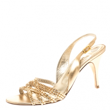 Pre Owned Gina Metallic Gold Leather Crystal Embellished Slingback Sandals Size 40.5