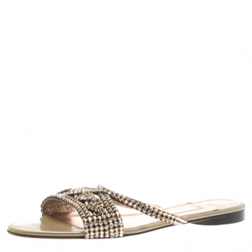 Pre Owned Gina Metallic Beige Crystal Embellished Flat Slides Size 40.5