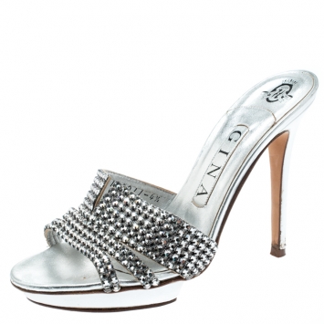 Pre Owned Gina Silver Crystal Embellished Leather Platform Sandals Size 37.5