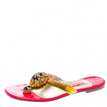 Pre Owned Gina Metallic Gold Crystal Embellished Thong Sandals Size 37