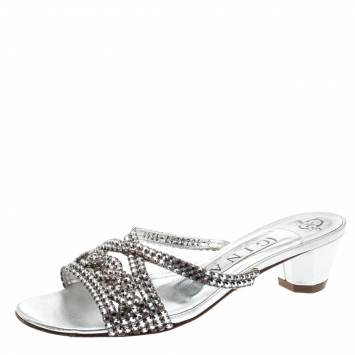 Pre Owned  Gina Metallic Silver Leather Crystal Embellished Sandals Size 37