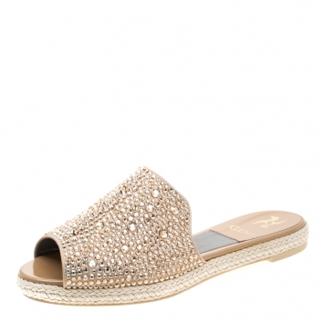 Pre Owned Gina Gold Crystal Embellished Peep Toe Espadrille Flat Slides Size 38