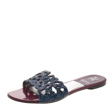 Pre Owned Gina Blue Crystal Embellished Flat Slides Size 39