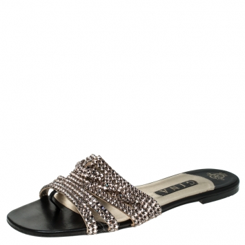 Pre Owned Gina Metallic Gold Crystal Embellished Loren Flat Sandals Size 41.5