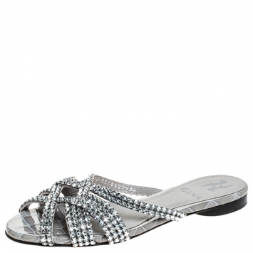 Pre Owned Gina Grey Crystal Embellished Croc Embossed Leather Olson Slide Flats Size 36