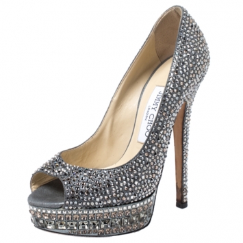 Pre Owned Jimmy Choo Grey Crystal Embellished Leather Peep Toe Platform Pumps Size 37.5