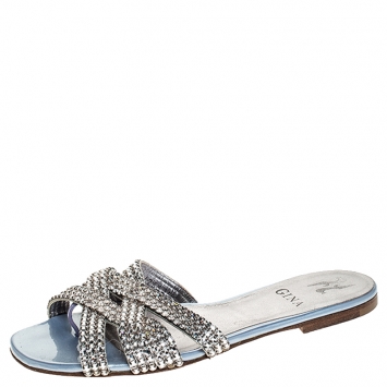 Pre Owned Gina Silver Crystal Embellished Slip On Slides Size 37