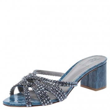 Pre Owned Gina Blue Crystal Embellished Croc Embossed Patent Leather Rodeo Block Heel Slides Size 38.5