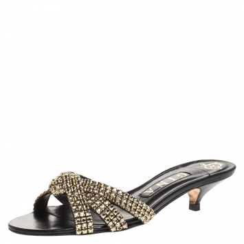Pre Owned Gina Black Embellished Knotted Open Toe Slides Size 36.5