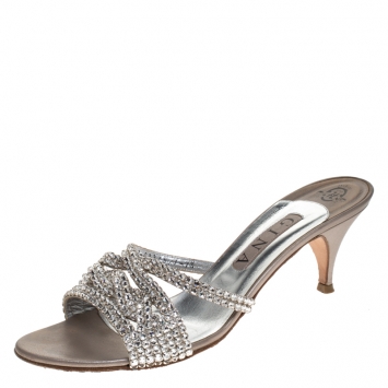 Pre Owned Gina Silver Crystal Embellished Leather Open Toe Sandals Size 40.5
