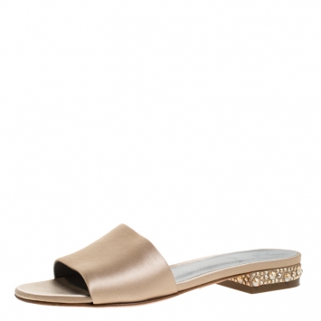 Pre Owned Gina Beige Satin Crystal Embellished Heel Flat Slides Size 36