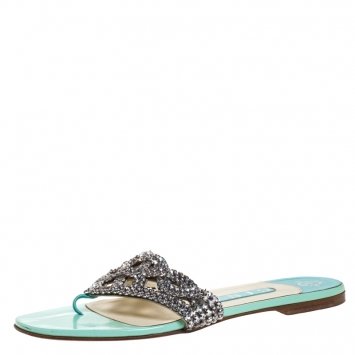 Pre Owned Gina Silver Crystal Embellished Leather Thong Flats Size 37.5