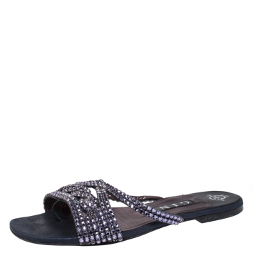 Pre Owned Gina Navy Blue/Purple Leather Crystal Embellished Flat Slides Size 38