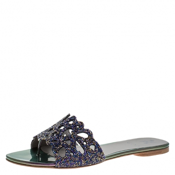 Pre Owned Gina Blue Crystal Embellished Flat Slides Size 39
