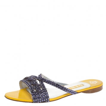 Pre Owned Gina Yellow Patent Leather And Purple Crystal Embellished Flat Slides Size 40