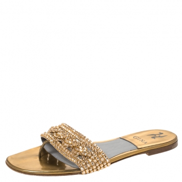 Pre Owned Gina Olive Green Patent Leather Crystal Embellished Slide Flats Size 38.5