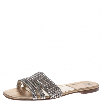 Pre Owned Gina Metallic Gold Leather Crystal Embellished Slide Flats Size 36