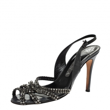 Pre Owned Gina Grey Leather Crystal Embellished Slingback Sandals Size 38