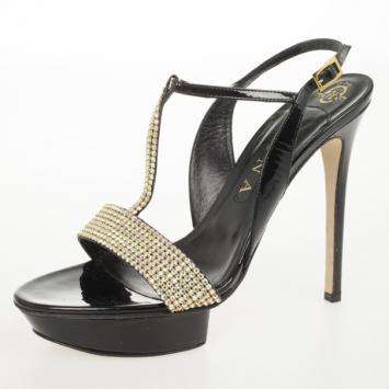Pre Owned Gina Black Patent Crystal Embellished Sandals Size 40.5