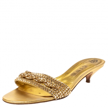 Pre Owned Gina Gold Crystal Embellished Leather Kitten Heel Sandals Size 41