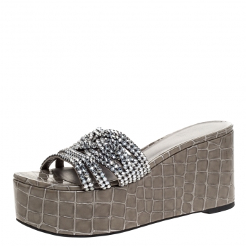 Pre Owned Gina Taupe Croc Embossed Leather Crystal Embellished Wedge Platform Sandals Size 38