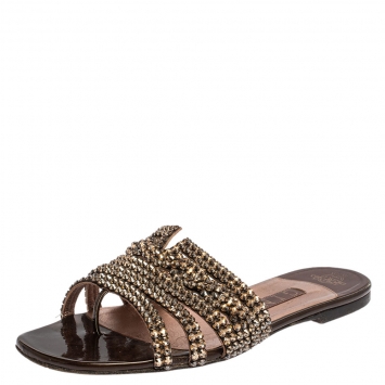 Pre Owned Gina  Brown Patent Leather And Crystal Embellished Thong Flat Slides Size 38