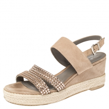 Pre Owned Gina Beige Suede Crystal Embellished Open Toe Espadrille Sandals Size 38