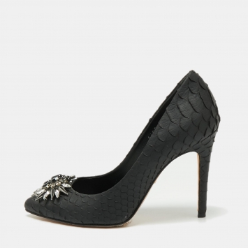Pre Owned Gina Black Python Leather Crystal Embellished Pumps Size 37
