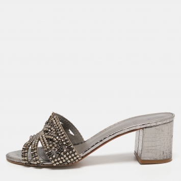Pre Owned Gina Silver Croc Embossed Leather Crystal Embellished Slide Sandals Size 39.5