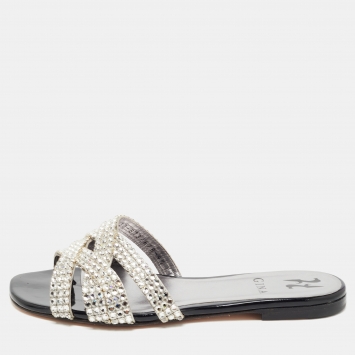 Pre Owned Gina Black Leather Crystal Embellished Slides Size 37.5