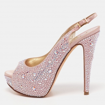 Pre Owned Gina Pink Satin and Crystal Slingback Sandals Size 37