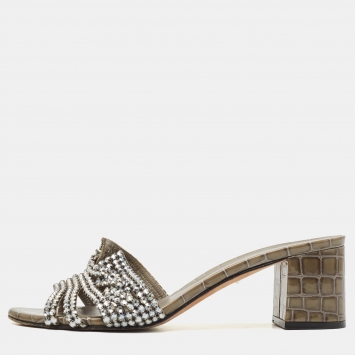 Pre Owned Gina Olive Green Croc Embossed Patent Crystal Embellished Loren Slide Sandals Size 38.5