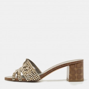 Pre Owned Gina Brown Croc Embossed Leather Crystal Embellished Slides Size 40