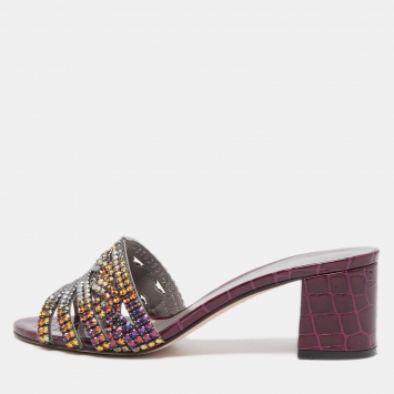 Pre Owned Gina Purple Crystal Embellished Leather Slide Sandals Size 37.5