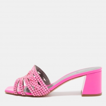 Pre Owned Gina Pink Patent Leather Crystal Embellished Slide Sandals Size 38