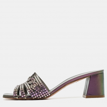 Pre Owned Gina Purple  Leather Embellished Slide Sandals Size 39