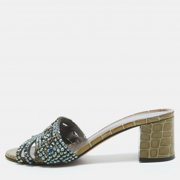 Pre Owned Gina Olive Green Crystal Embellished Leather Slide Sandals Size 38