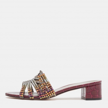 Pre Owned Gina Two Tone Crystal Embellished Leather Rodeo Slide Sandals Size 38