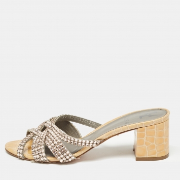 Pre Owned Gina Beige Croc Embossed Patent Rodeo Crystal Embellished Slides Size 37.5