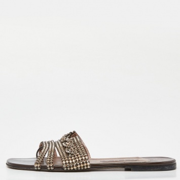 Pre Owned Gina Brown Patent Leather Crystal Embellished Flat Slides Size 40