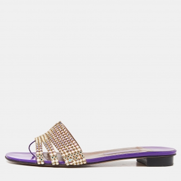 Pre Owned Gina Purple Patent Crystal Embellished Slide Flats Size 40