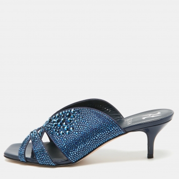 Pre Owned Gina Blue Satin Crystal Embellished Slide Sandals Size 40