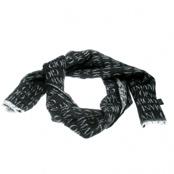 Pre Owned Giorgio Armani Black Logo Pattern Wool and Modal Jacquard Fringed Edge Scarf
