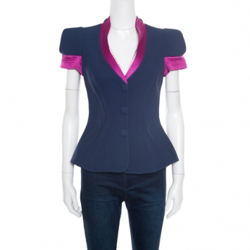 Pre Owned Giorgio Armani Navy Blue Silk Contrast Trim Detail Short Sleeve Jacket S