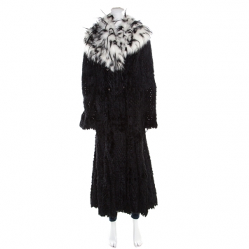 Pre Owned Giorgio Armani Black Sheared Mink Contrast Fox Collar Long Coat L