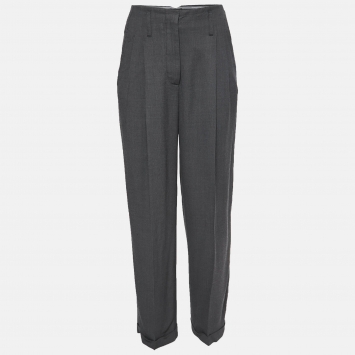 Pre Owned Giorgio Armani Grey Herringbone Wool Blend High Waist Wide Leg Trousers S / Waist: 27"